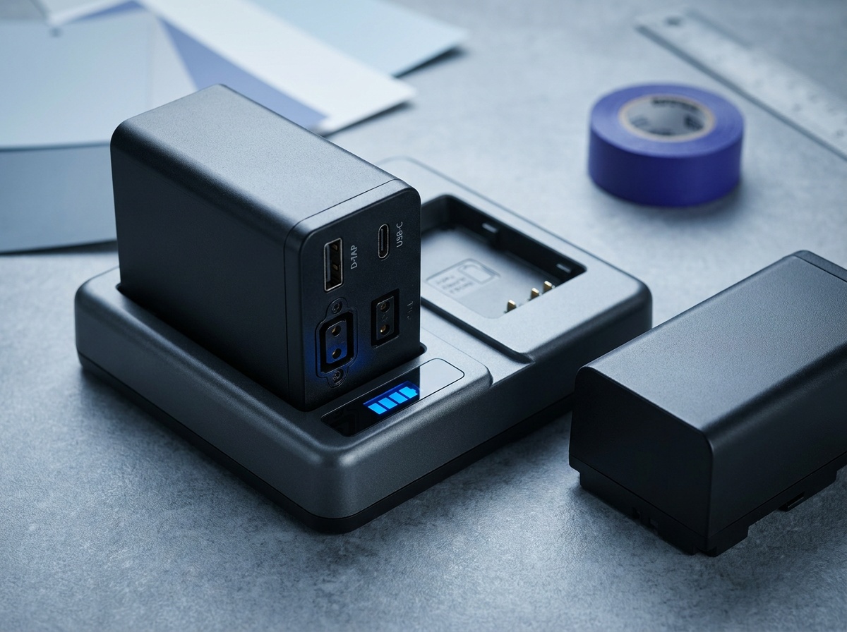 A generic V-mount battery on a dual charger beside a second pack, with D-tap and USB-C ports and a fuel-gauge display visible