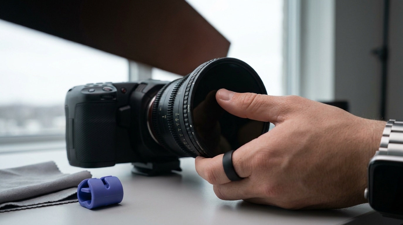 A variable ND filter threaded onto a video lens, a thumb rotating the outer ring between marked stop positions, the glass dimming the bright sky behind it to a controlled gray