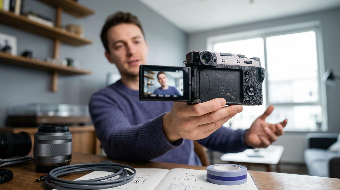 A content creator filming themselves at arm's length with a flip-out screen facing forward