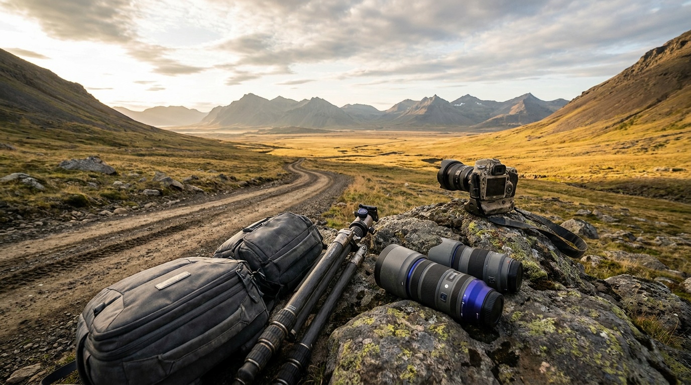 A sweeping landscape with a strong near foreground stretching back to distant mountains, shot ultra wide and sharp throughout