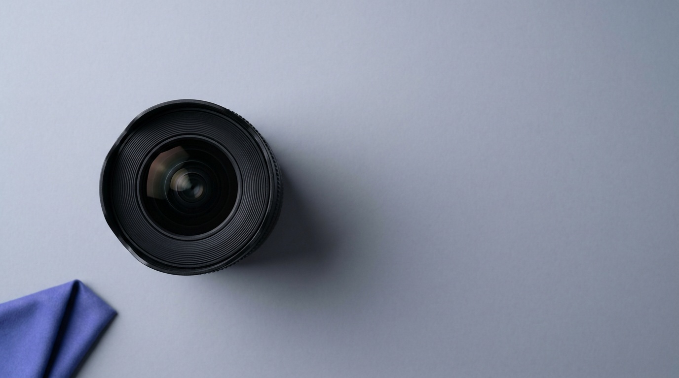 A compact unbranded wide-angle prime lens with a bulged front element on a clean surface