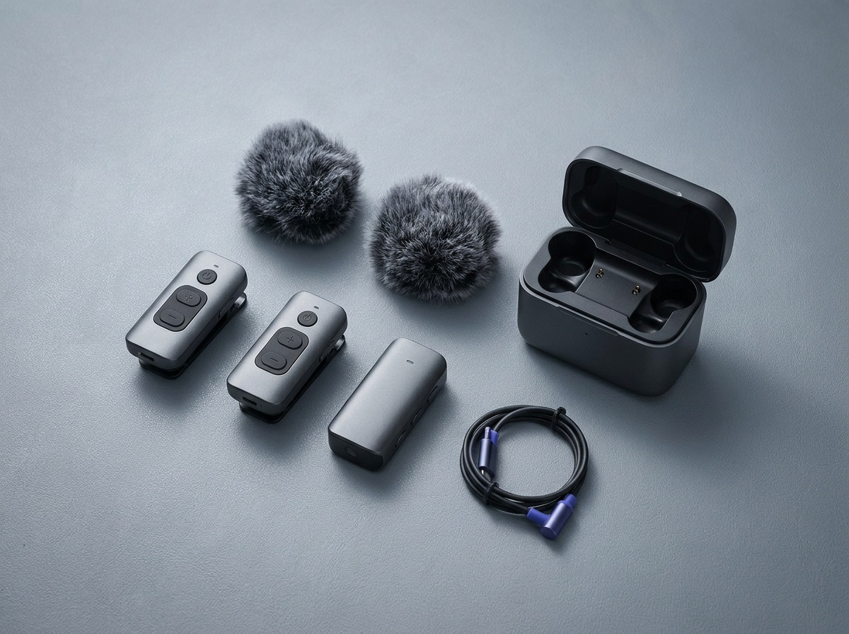 A flat lay of a generic wireless mic kit: two clip-on transmitters, a receiver, furry windscreens, and a charging case on a neutral surface