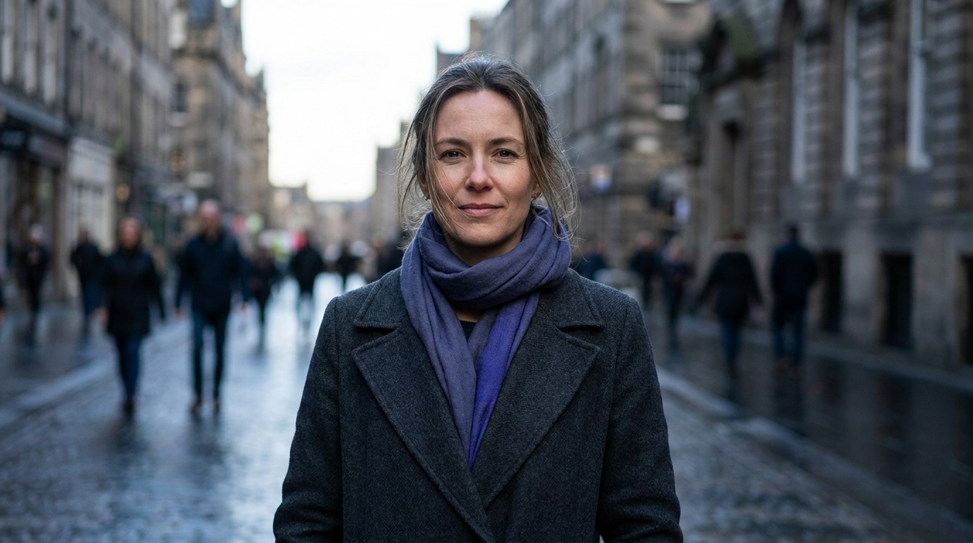 A clean candid frame shot at a portrait focal length on a standard zoom, subject crisp against a soft background