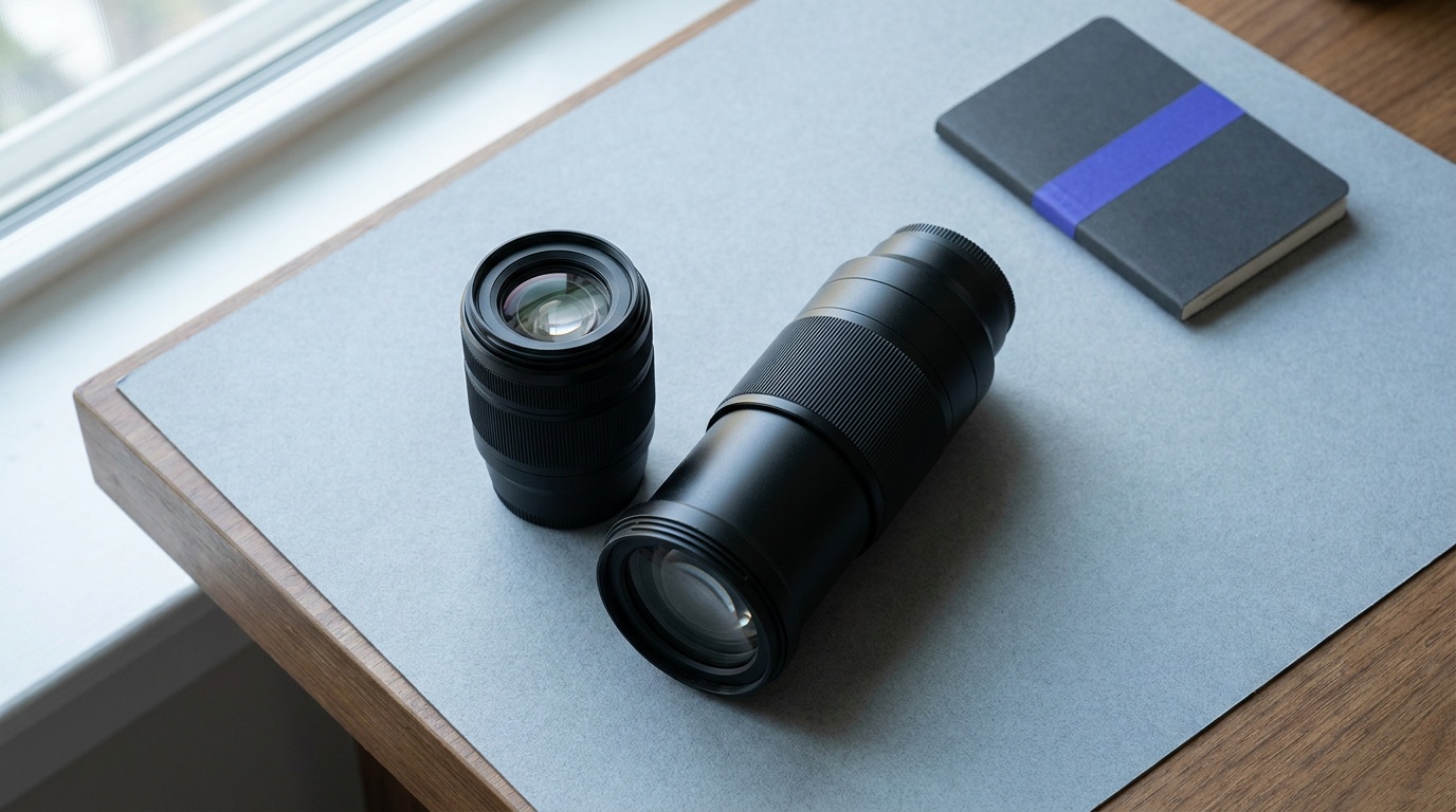 A pair of unbranded zoom lenses of different lengths on a neutral cool surface