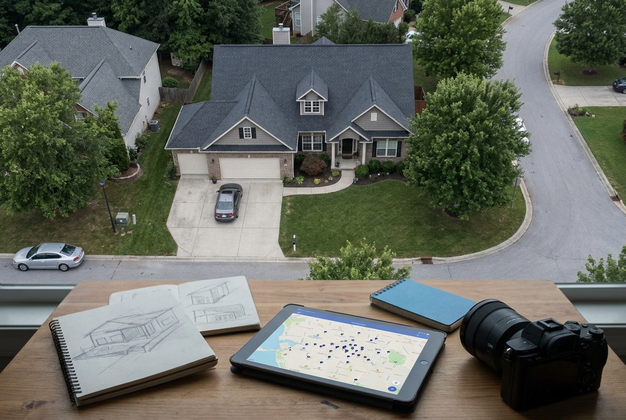 A low aerial real-estate frame showing a house, its lot, and the surrounding street
