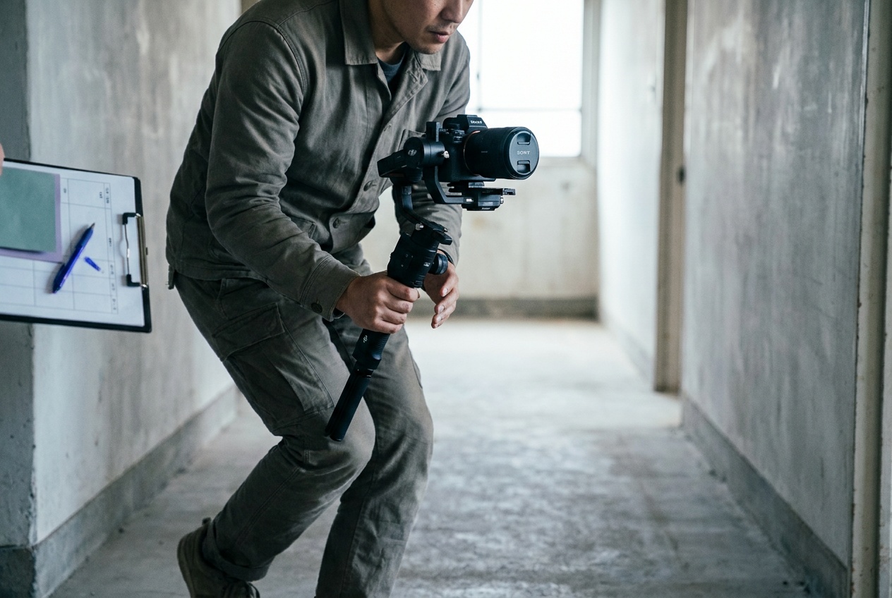 A videographer walking with a gimbal in a low, stable stance