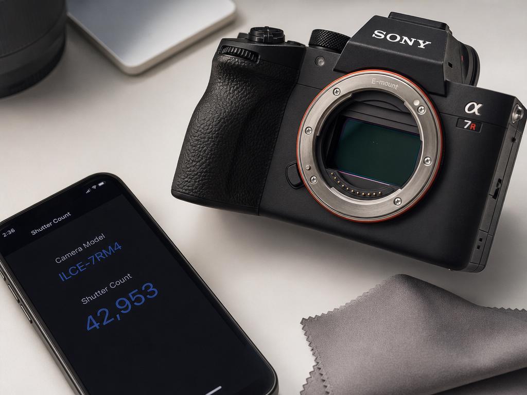 A used mirrorless camera body resting on a clean white desk with its lens removed, the open sensor lit at an angle to reveal a faint speck of dust, a soft cloth and a screenshot of shutter-count metadata beside it