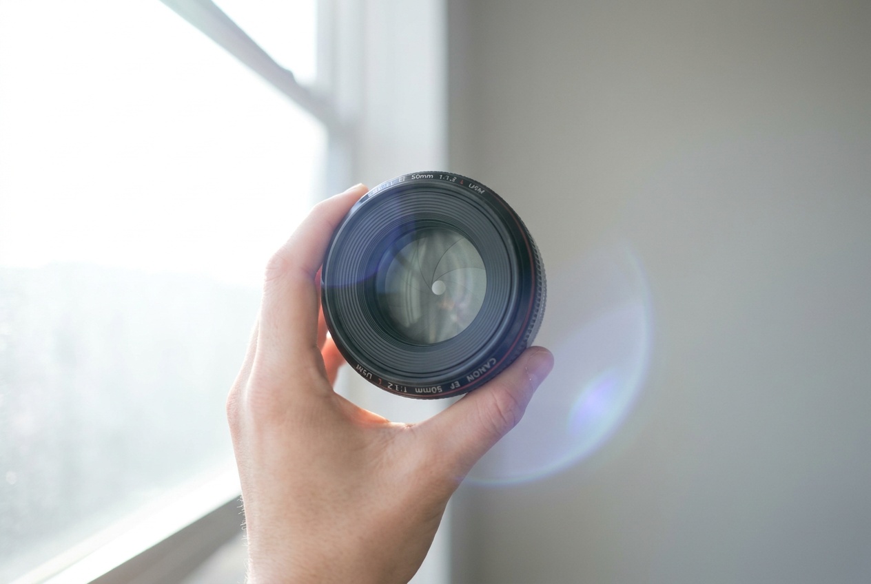 A used lens held up to a bright light source and viewed through the front element, the glass clear and clean with no white webbing or milky haze inside, a hand steadying the barrel