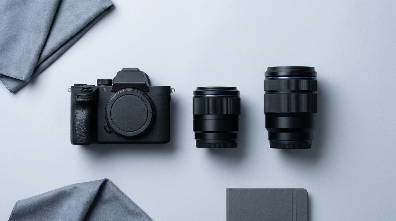 A mirrorless camera body next to two lenses on a neutral surface