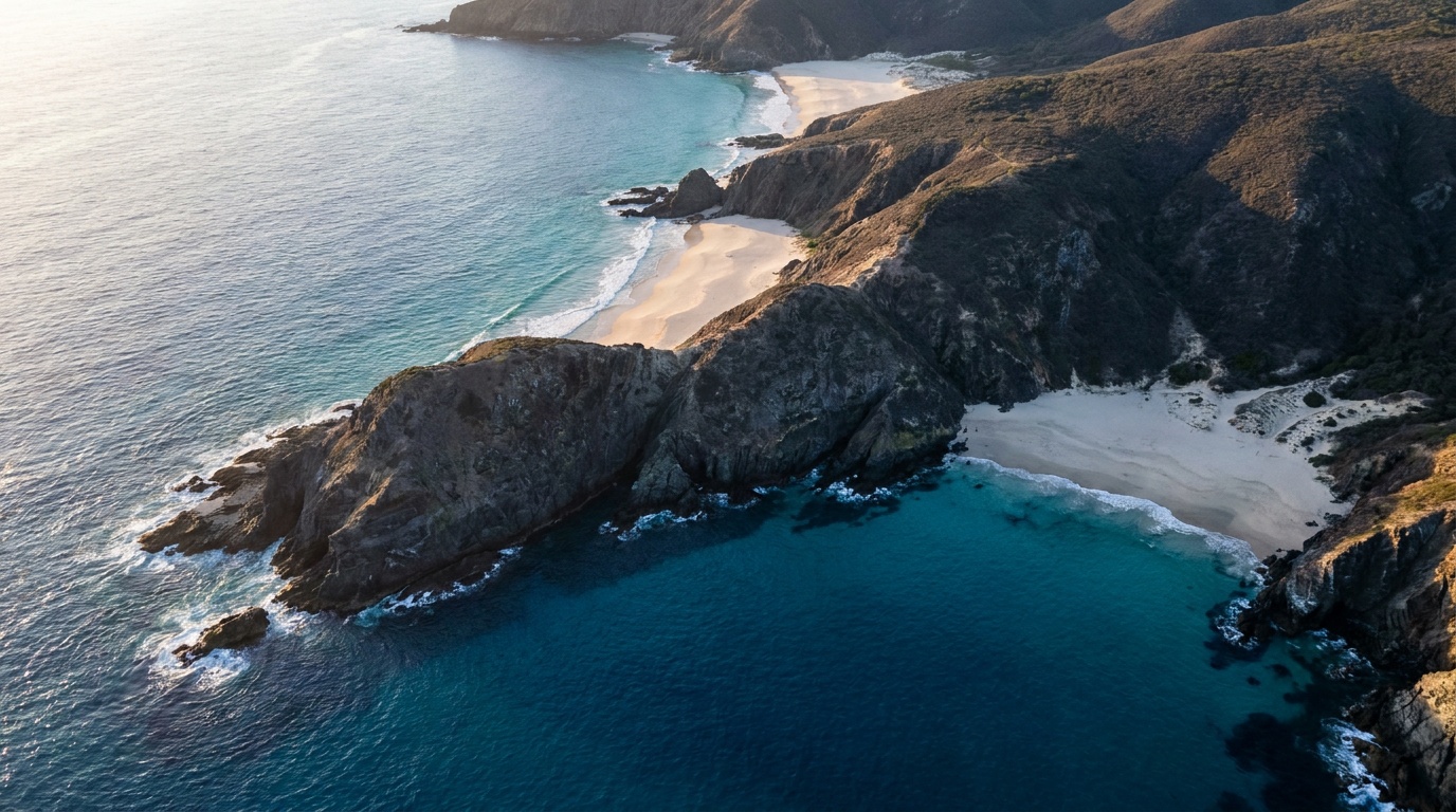 A sweeping aerial view of a winding turquoise coastline meeting dark cliffs, the shoreline curving as a natural leading line
