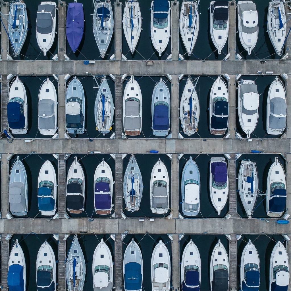 A straight-down nadir aerial photograph of rows of colorful boats in a marina forming a clean repeating geometric pattern