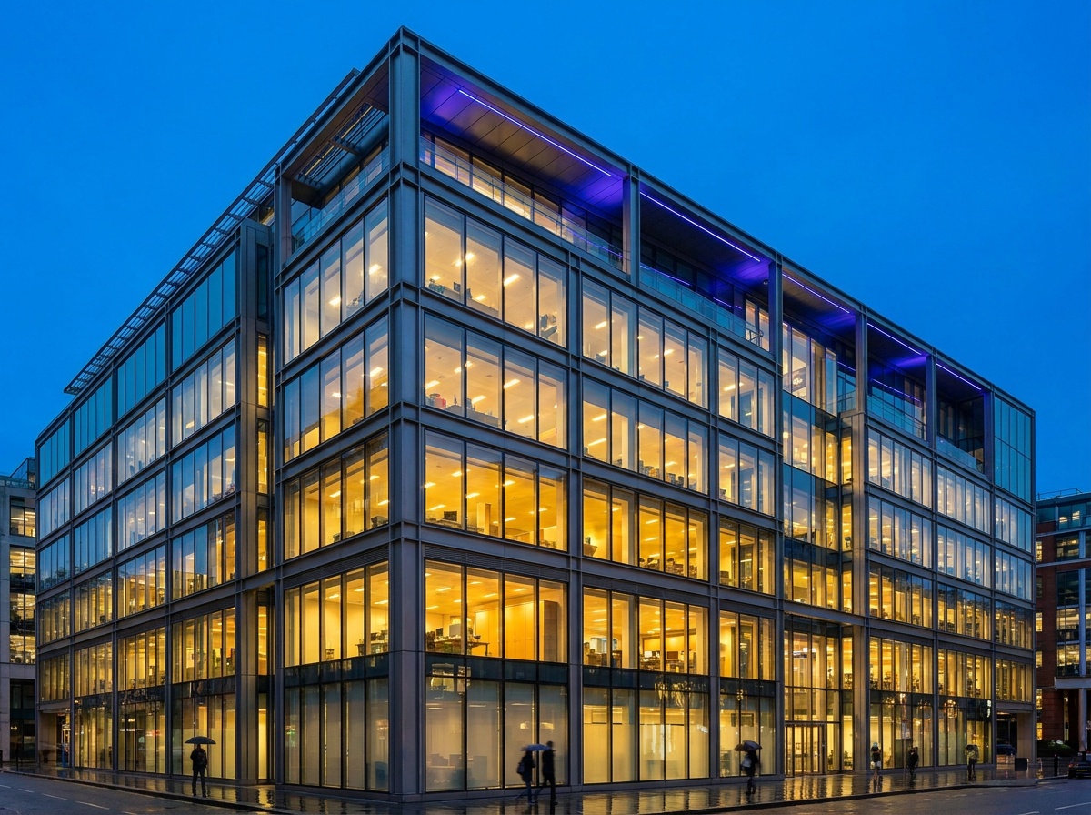 A glass and steel building photographed at blue hour, warm interior lights glowing against a deep blue twilight sky