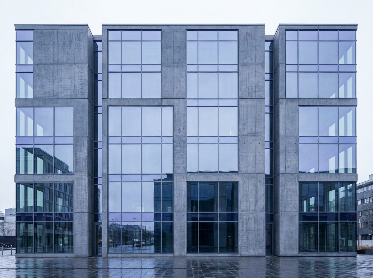 A modern building photographed dead-on with perfectly straight vertical lines, strong geometry, and an even sky