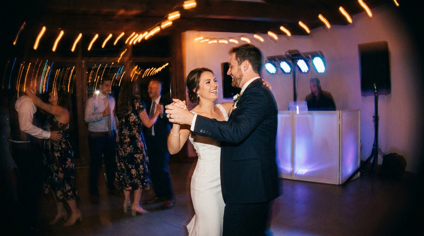 A dance floor frame where a couple is frozen sharp by flash while the colored lights and motion of the room streak softly around them