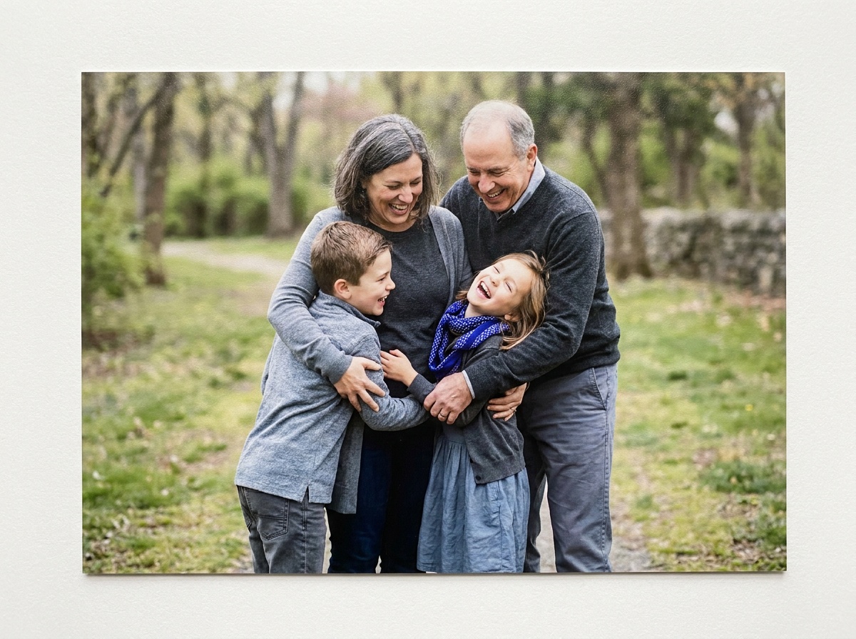 A candid moment of a family laughing together during a group hug, staggered heights and genuine expressions in soft light
