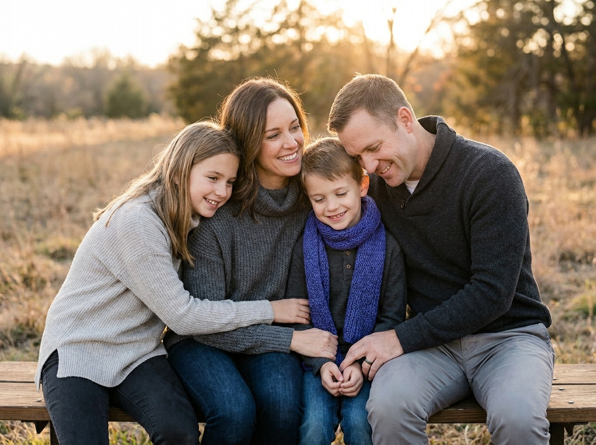 A relaxed family of four photographed close together in warm golden-hour light near sunset, faces evenly lit and connected