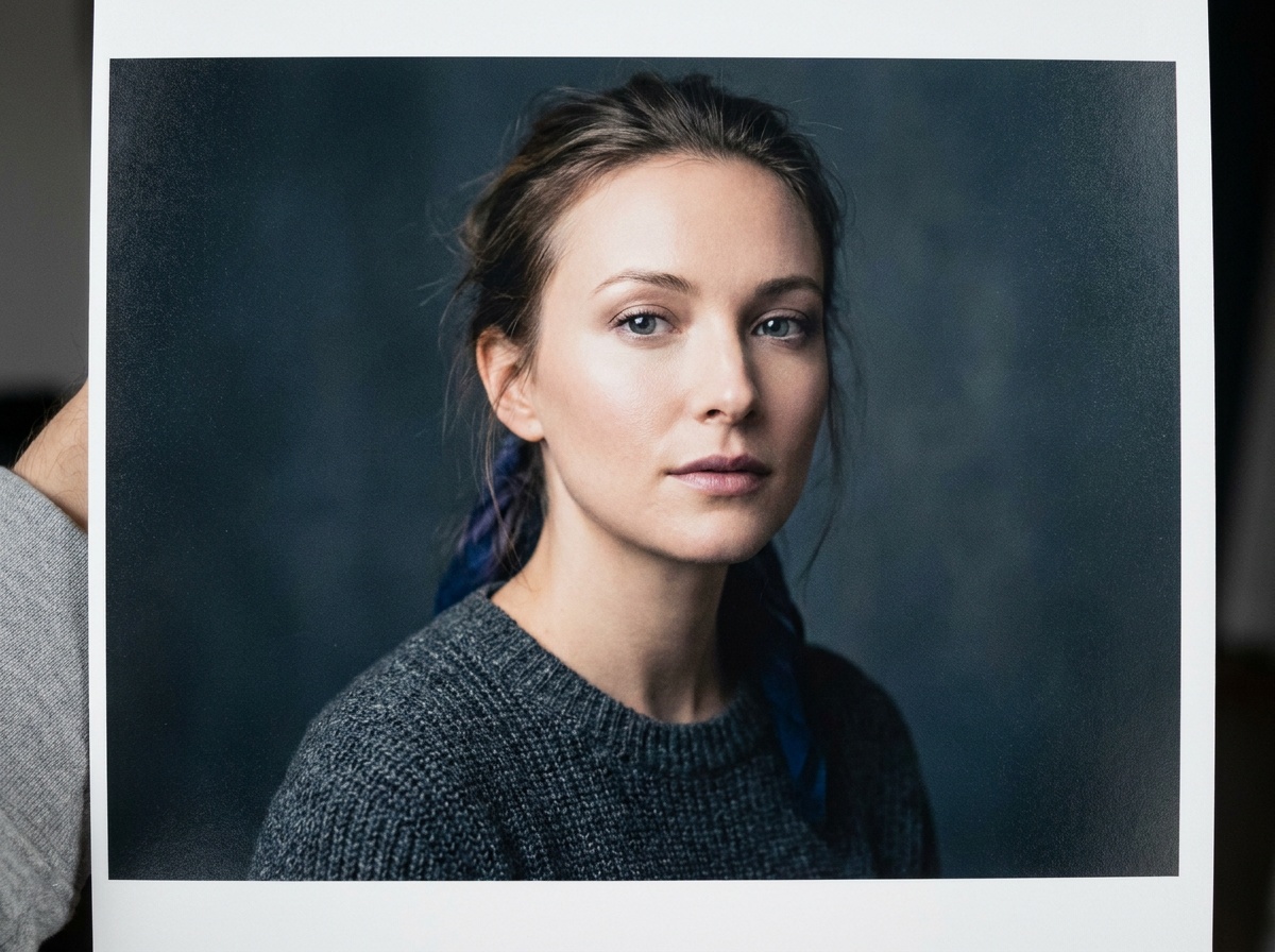 A model lit by clamshell lighting, a soft source above the face and a reflector below, with a rim light separating hair from a dark backdrop