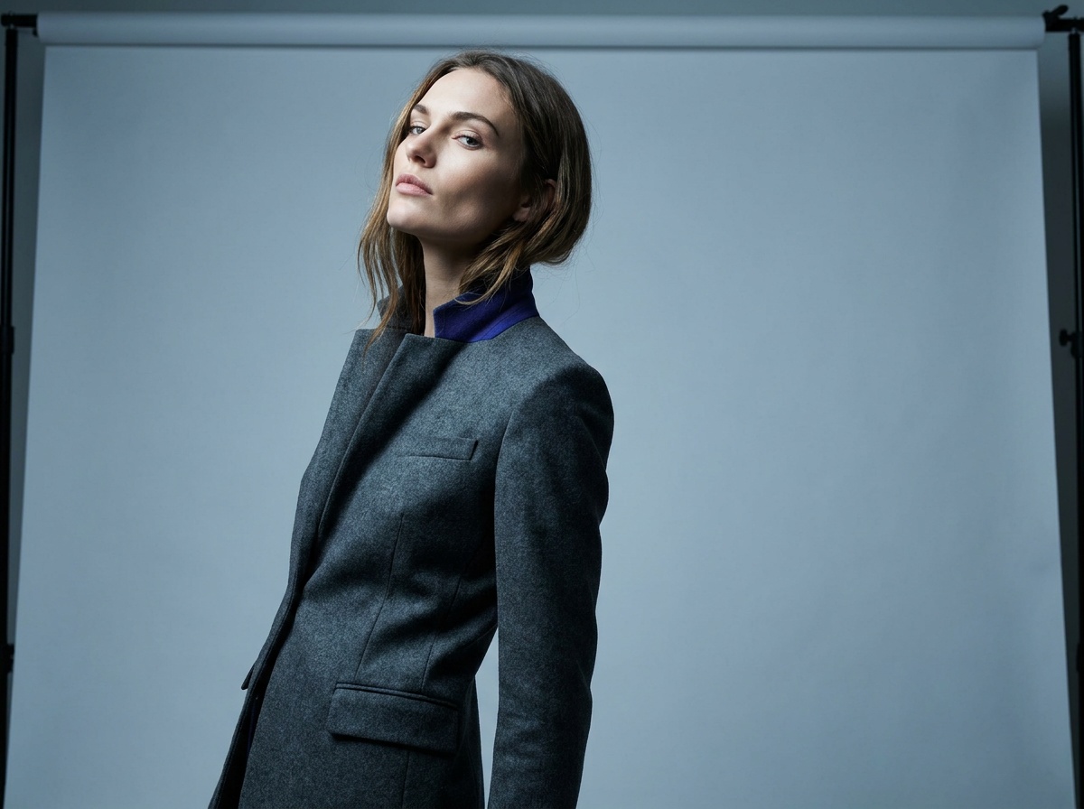 An editorial fashion portrait of a model in a structured garment, lit by a single dramatic side light against a clean backdrop