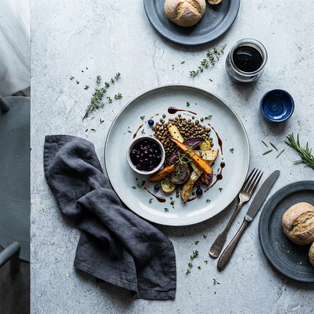 An overhead flat-lay of a styled meal spread across a neutral surface, dishes and props arranged with negative space around the hero plate