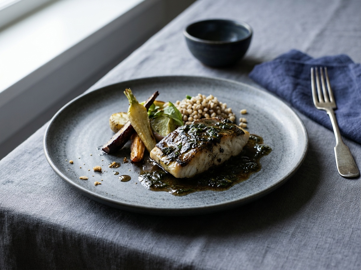A styled plate of food lit from the side by soft window light, with texture and gloss raised across the dish and a soft shadow on the near side