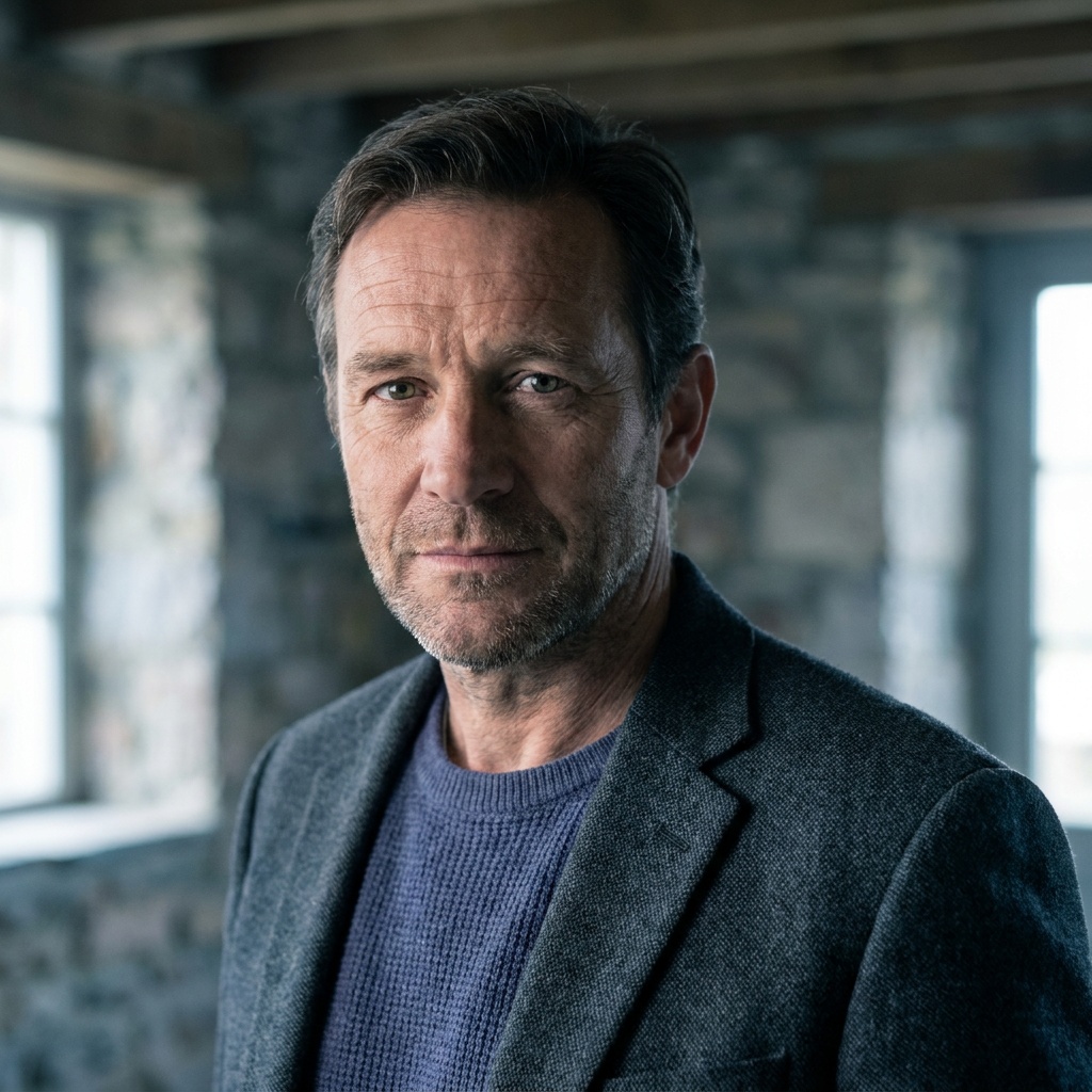 A natural, character-driven actor headshot in soft directional light with a softly blurred background, relaxed and expressive