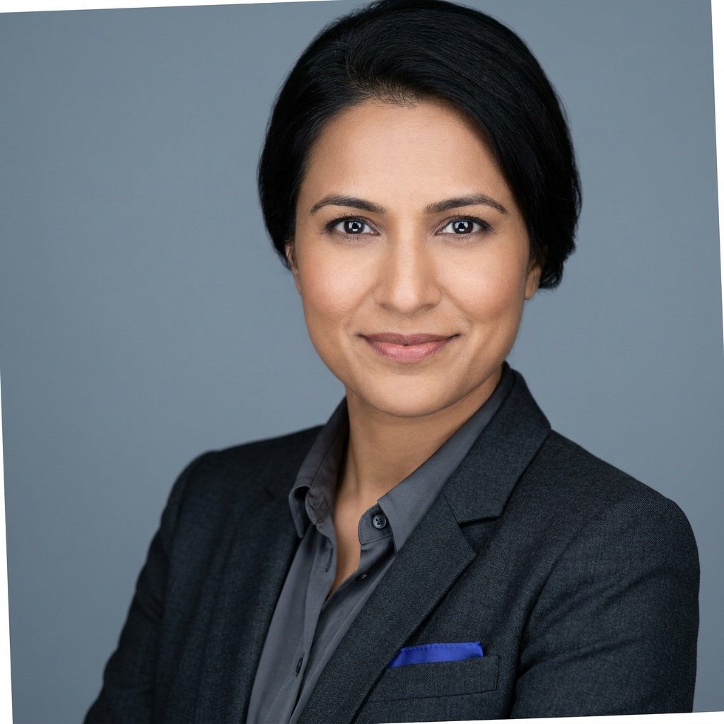 A clean corporate headshot of a professional in soft even clamshell light against a simple neutral background, sharp eyes with a soft catchlight