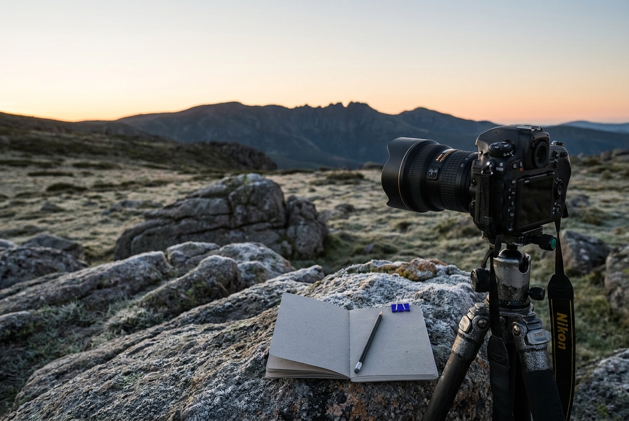 A wide landscape vista at first light, sharp from foreground to ridgeline