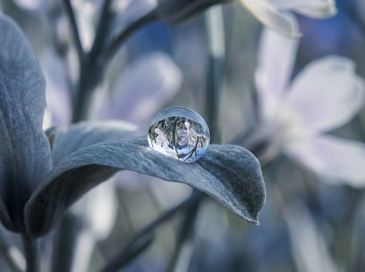 A close-up macro of a single dewdrop balanced on a flower petal, the drop sharp and the surrounding petals softly blurred