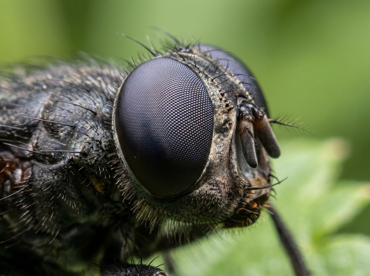 An extreme one to one macro photograph of an insect's compound eye and textured head, razor sharp against a soft green background