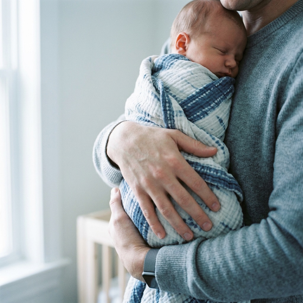 A parent cradling a swaddled sleeping newborn securely against their chest in soft natural light
