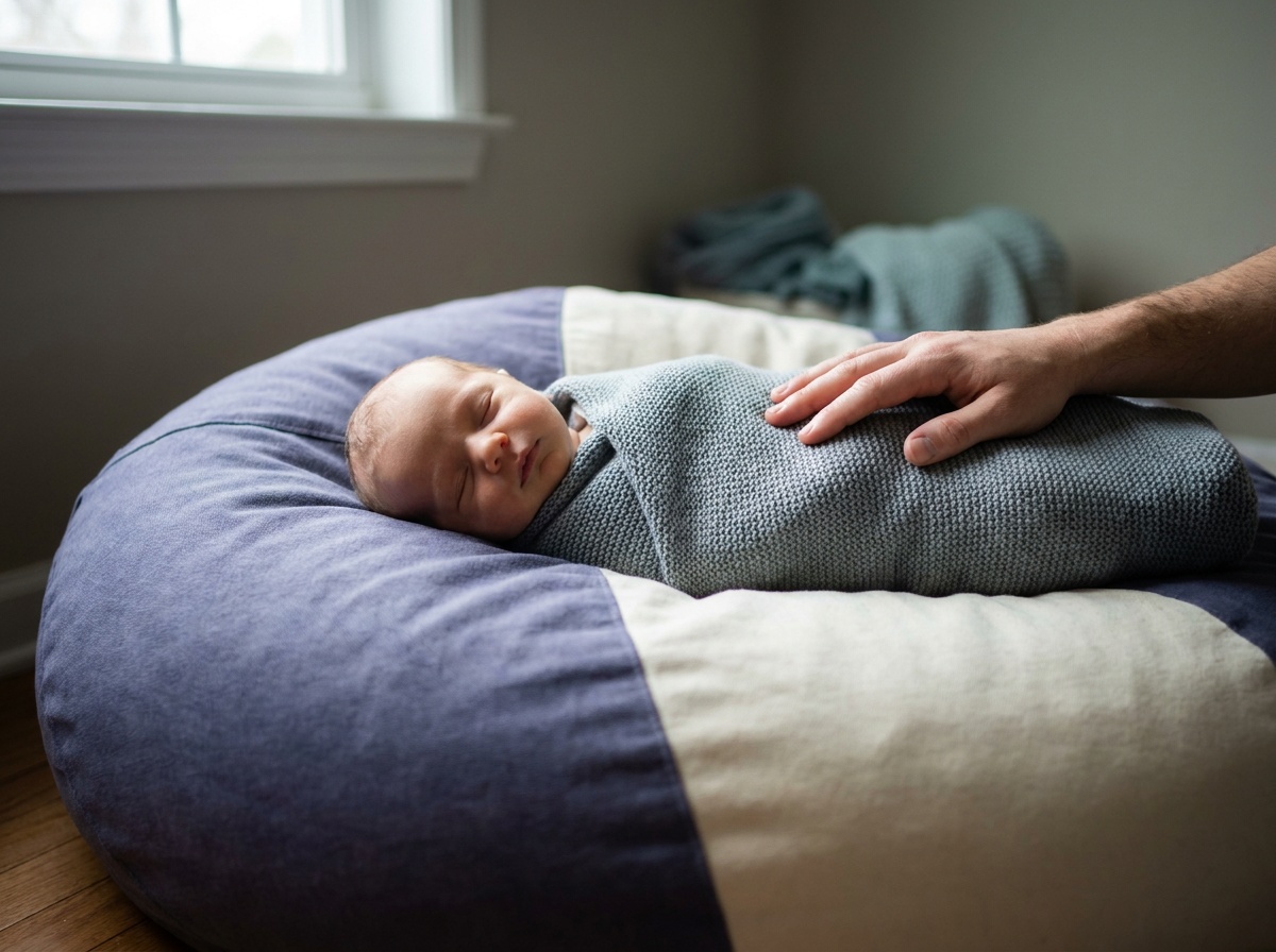 A sleeping newborn snugly swaddled in a soft neutral wrap on a beanbag in soft window light, an adult hand resting nearby for support