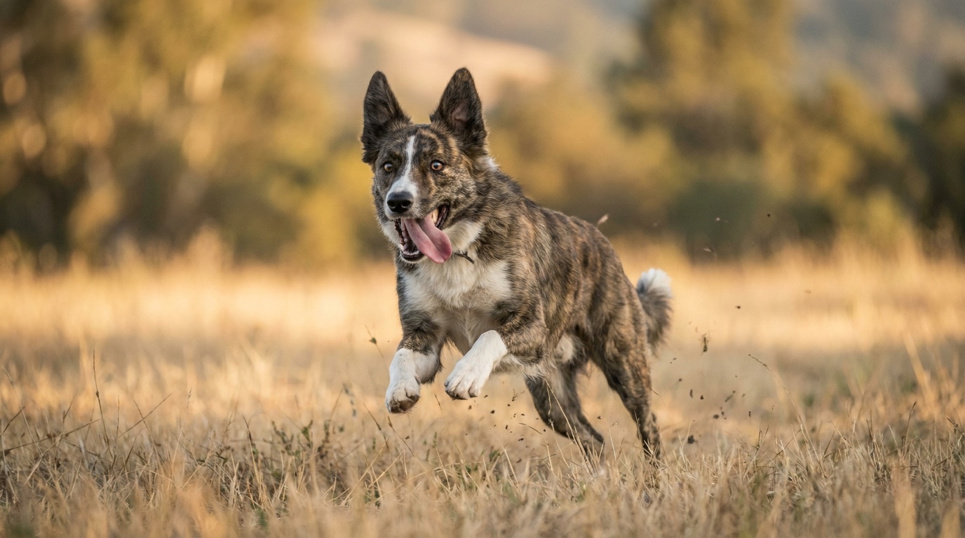 A dog caught mid-stride running across a grassy field in warm low light, ears up and tongue out, sharp against a blurred background