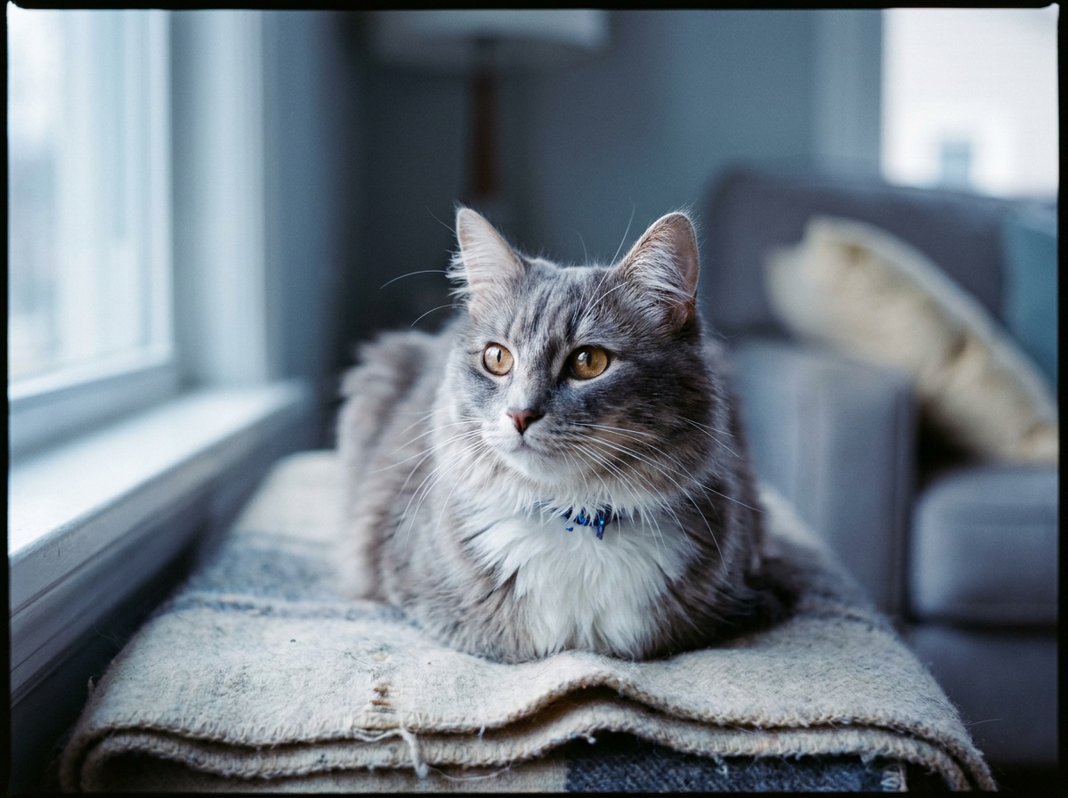 A cat photographed at its own eye level in soft window light, sharp eyes and a clean blurred background