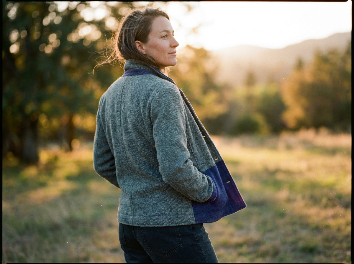 A relaxed three-quarter environmental portrait of a person turned slightly from the camera in soft outdoor light, shoulders angled and a natural expression
