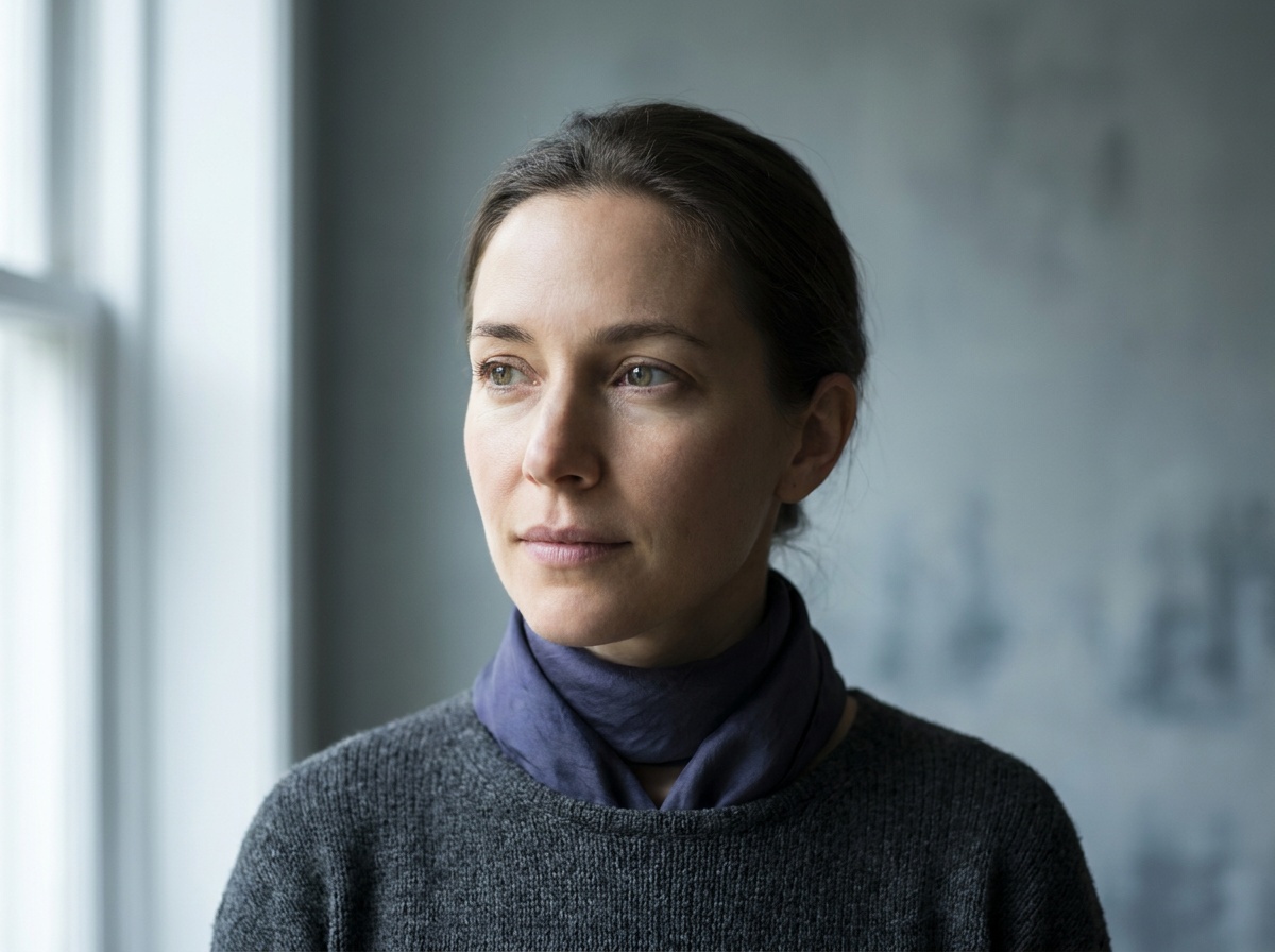 A woman lit by soft window light from the side, with a gentle highlight across the cheek and a soft shadow on the far side of the face