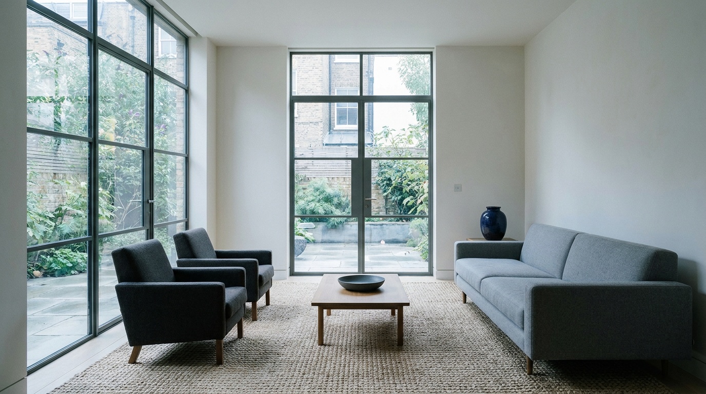 A bright, level living room interior with large windows where both the room and the view outside are properly exposed