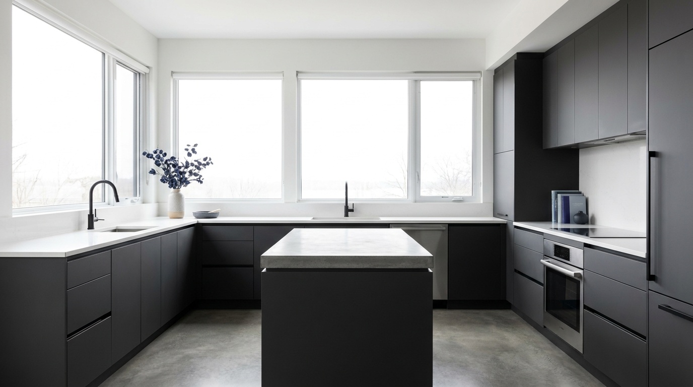 A modern kitchen photographed square to the back wall in two-point perspective, with the side walls running cleanly to the corners and all verticals straight