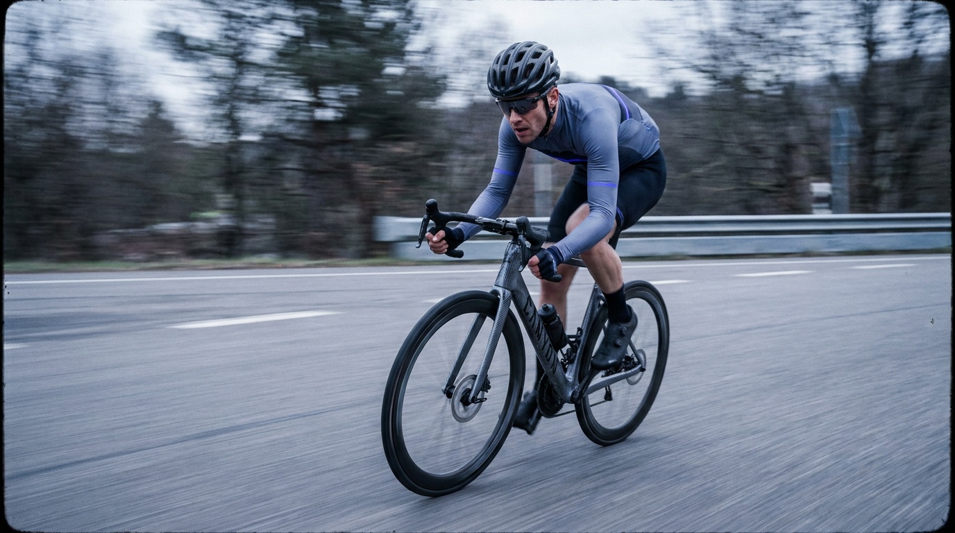 A cyclist sharp and in focus while the background streaks horizontally into motion blur from a panning exposure