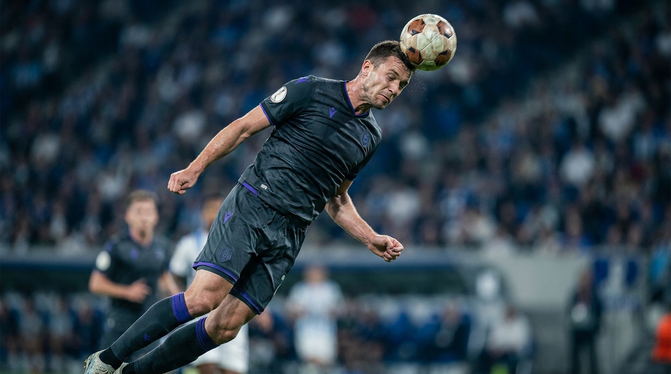 A soccer player frozen at the peak of a leaping header under stadium light, the ball sharp and the crowd blurred behind