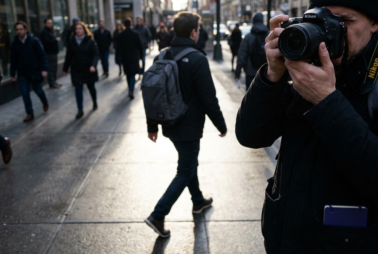 A candid street scene, one subject in light with passersby blurred