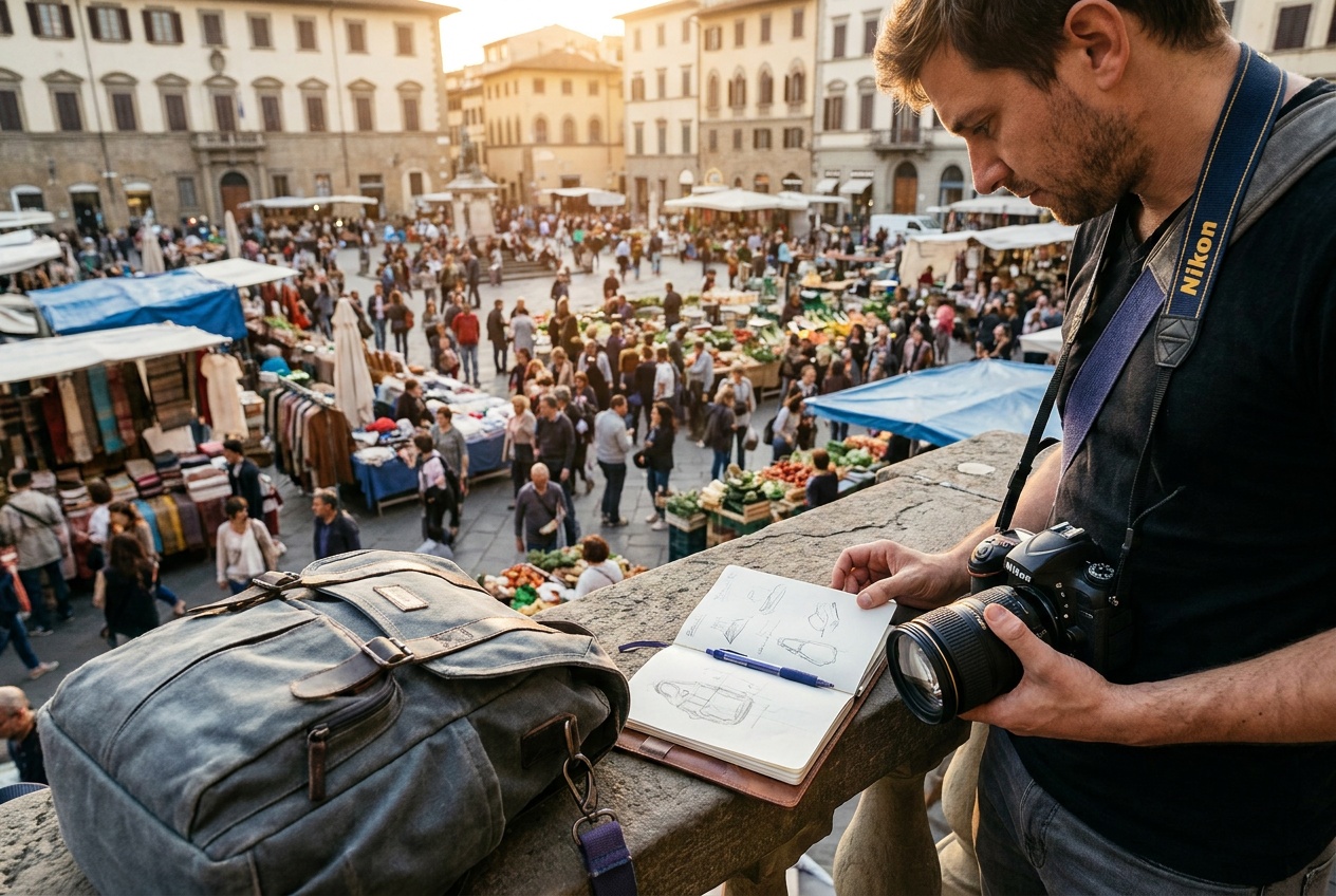 A market scene at golden hour, a wide establishing travel frame