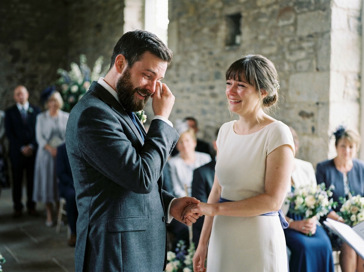 A candid wedding moment during the vows, the couple holding hands with genuine emotion in soft natural light