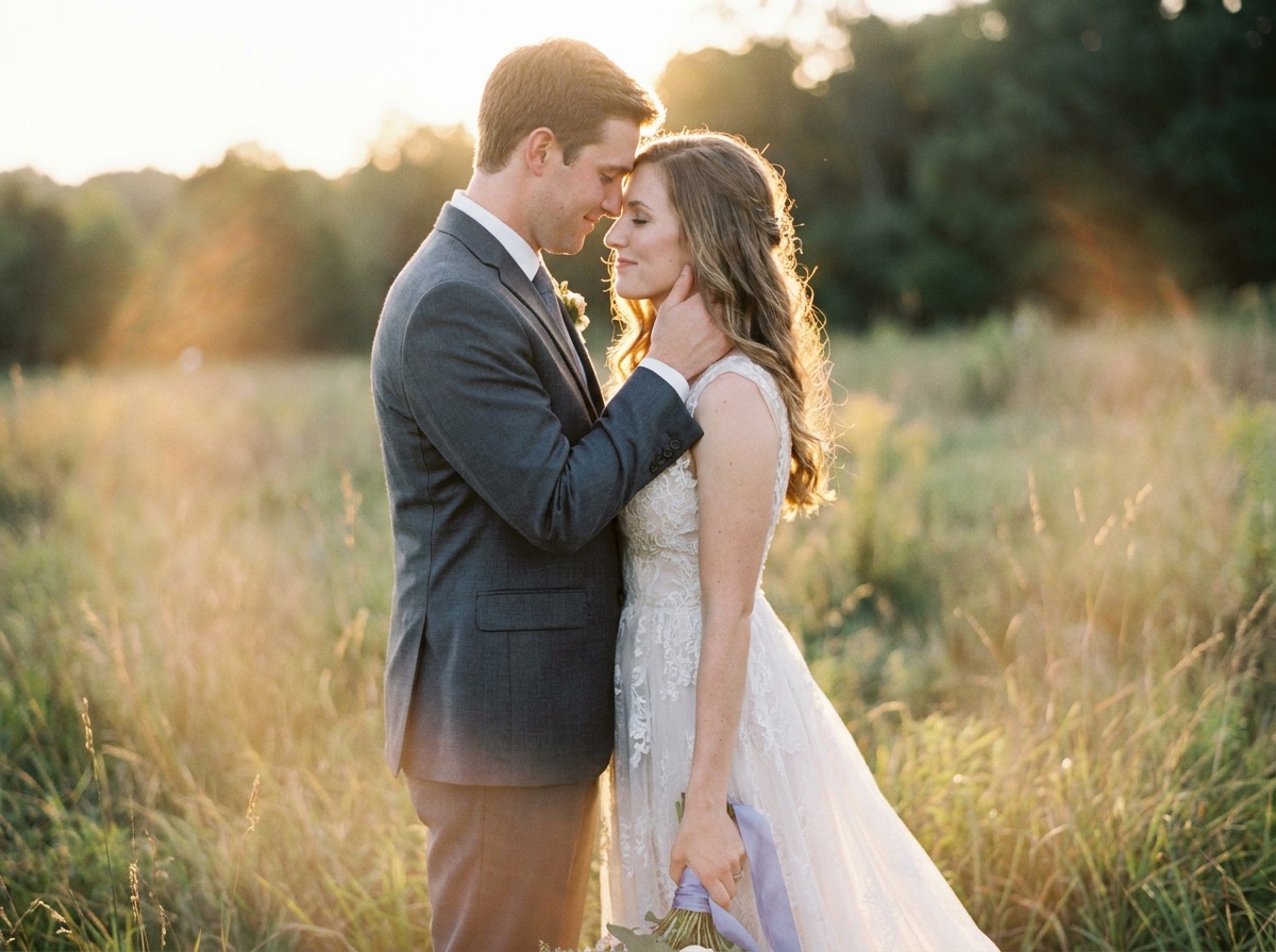 A wedding couple backlit by warm golden-hour sun, a soft rim of light around them against a quiet background