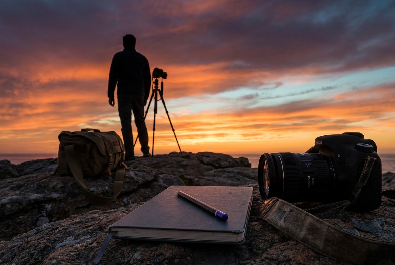A lone figure standing on a ridge rendered as a crisp black silhouette against a blazing orange and pink sunset sky, the outline clean and recognizable with no detail in the subject, every shape reading instantly