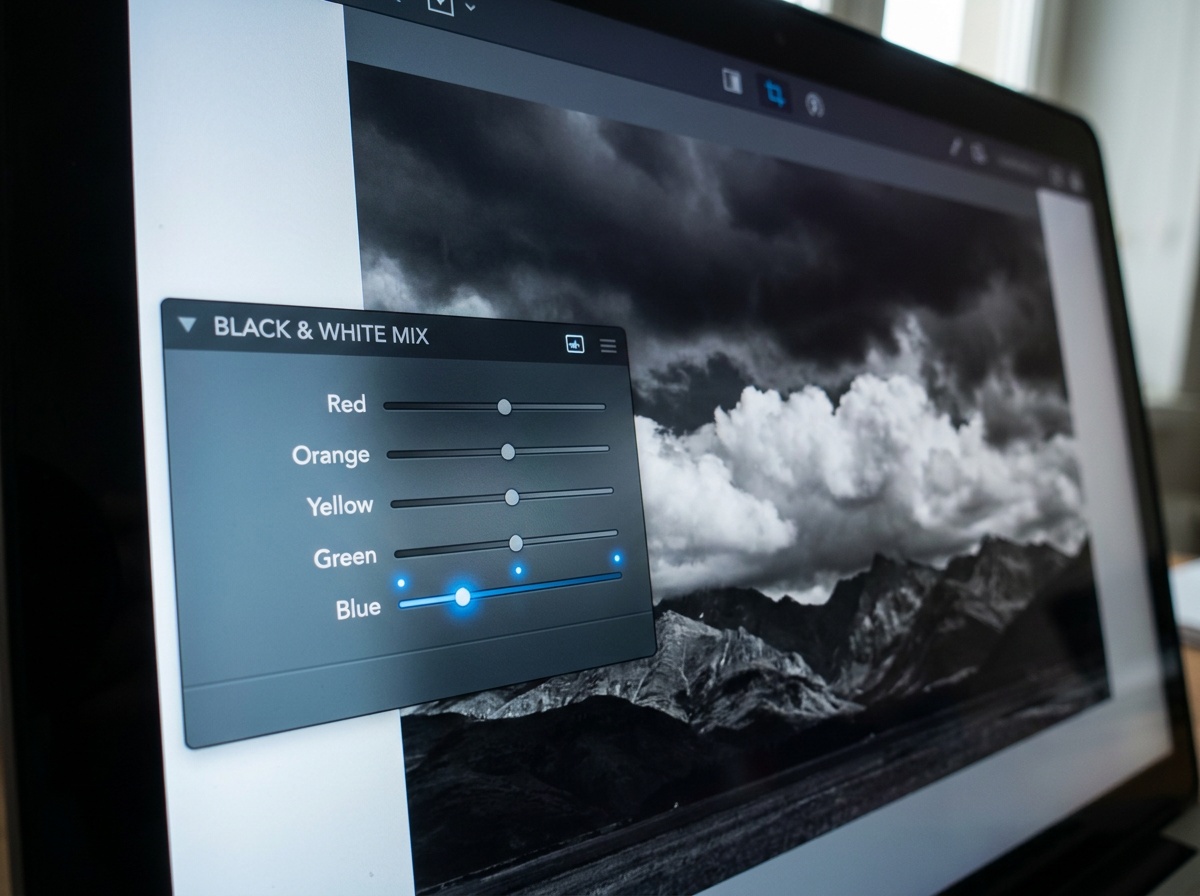 A black and white landscape with a near-black dramatic sky and brilliant white clouds towering over a sunlit field, the deep tonal contrast between sky and cloud giving the scene a bold graphic punch
