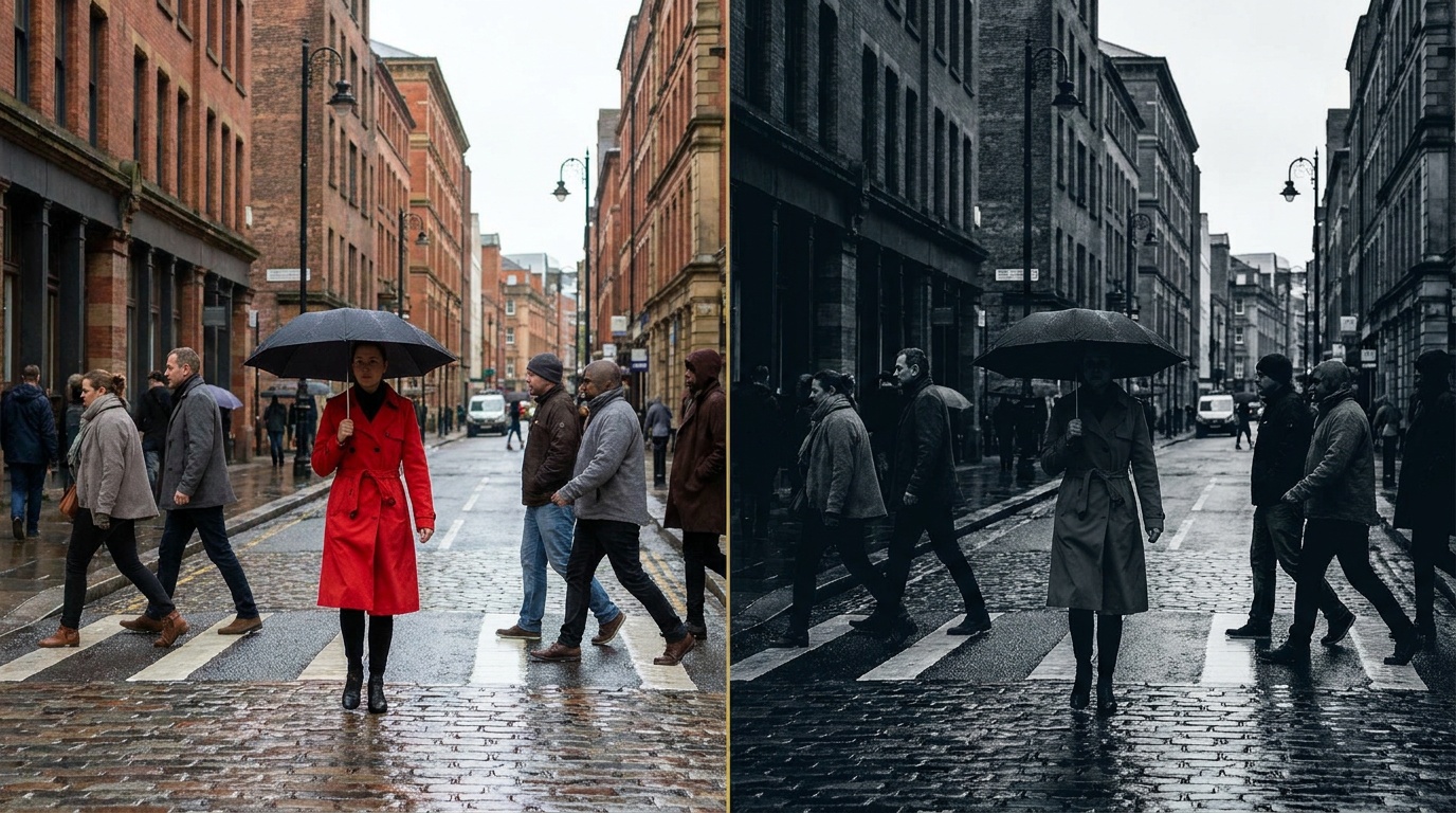 The same rainy city crosswalk shown twice, in color a woman's red coat instantly grabs the eye, in black and white that pull vanishes and attention shifts to the wet reflections, long shadows, and the geometry of the buildings