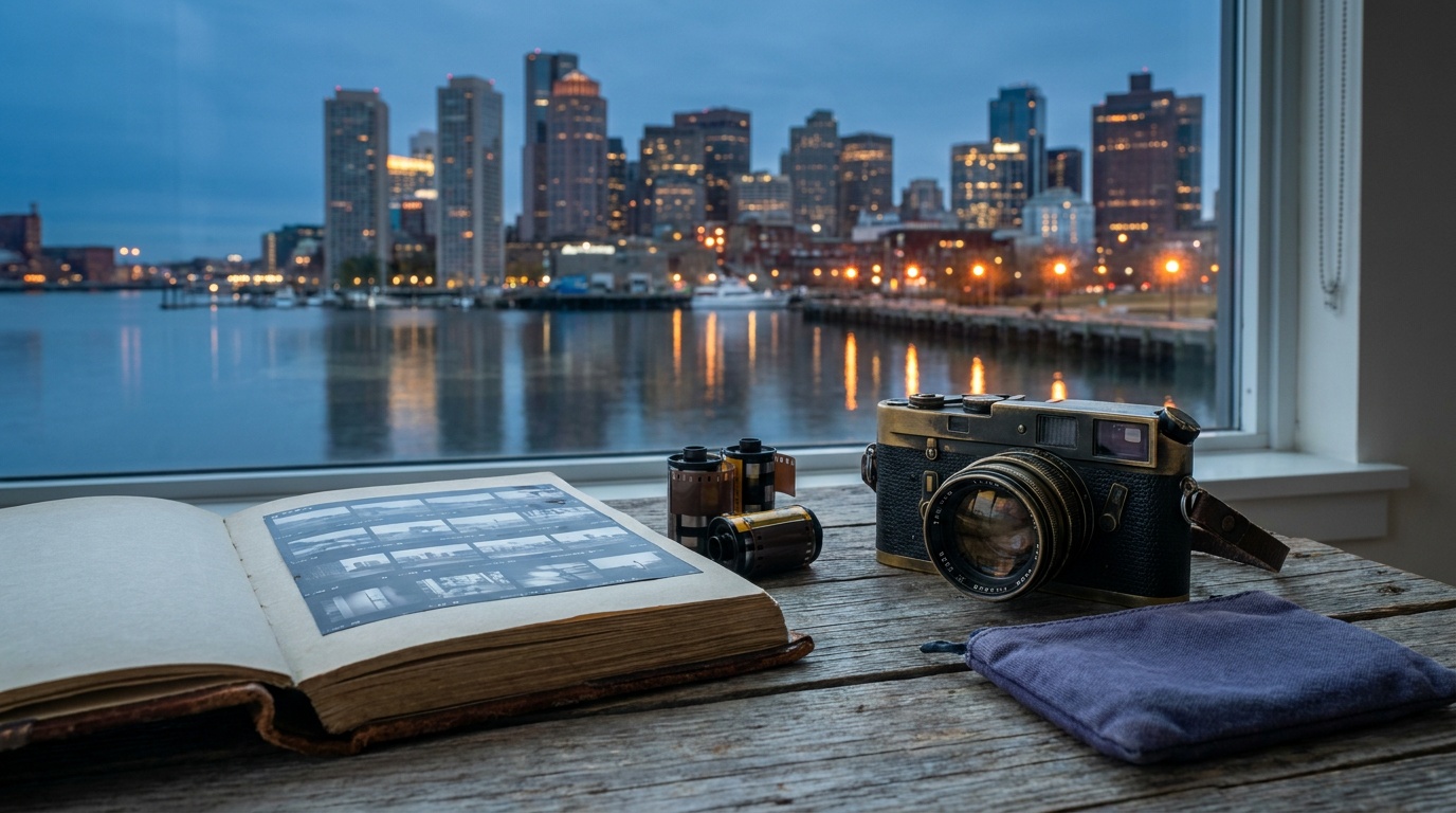 A downtown skyline photographed at blue hour, towers glowing with warm amber windows against a deep even cobalt sky, the whole scene mirrored in the still harbor water below