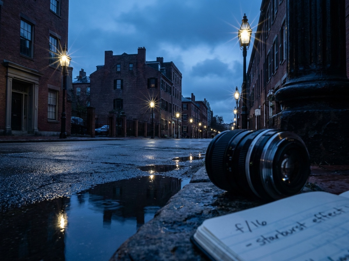 A wet cobblestone street at blue hour where every streetlamp has bloomed into a crisp many-pointed starburst, the points radiating sharply against a rich blue sky and reflecting off the glistening pavement