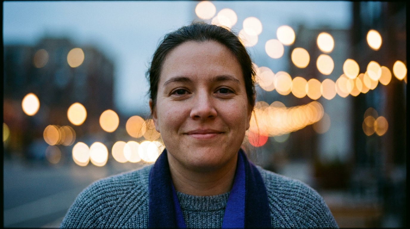 A close portrait sharp against a background of large round out-of-focus highlights rendered as smooth glowing discs