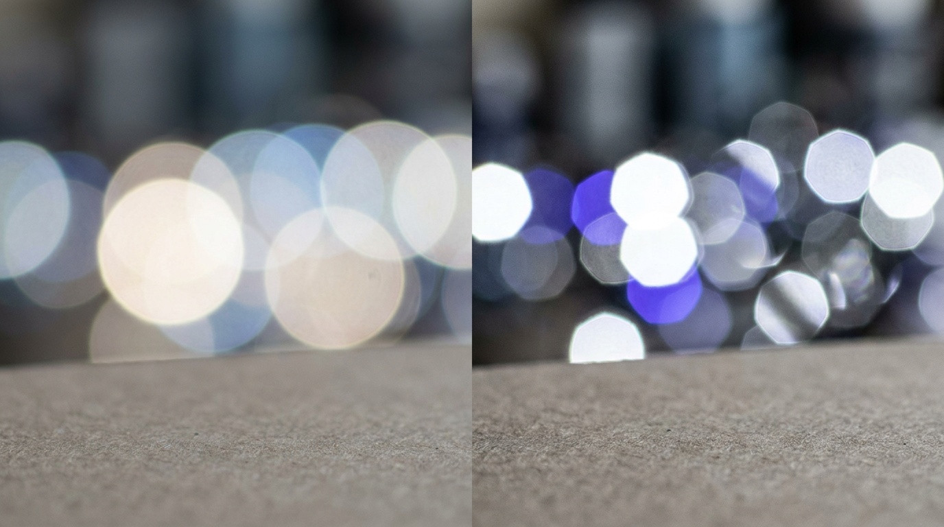A side-by-side comparison of smooth round creamy out-of-focus highlights next to harsh polygonal busy highlights with hard edges